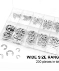 Stainless Steel E Clip External Retaining Ring Set, 200-Piece, 10 Size Assortment From 1.5mm To 8mm in a transparent case