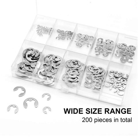 Stainless Steel E Clip External Retaining Ring Set, 200-Piece, 10 Size Assortment From 1.5mm To 8mm in a transparent case