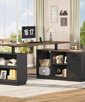 Legit Top Tier Electric L Shaped Standing Desk With One Touch Height Adjustable Sit Stand Workstation And Built In Storage Drawer Dual Motor Office Table For Home Sweet Setup in a sunny room with a computer and storage.
