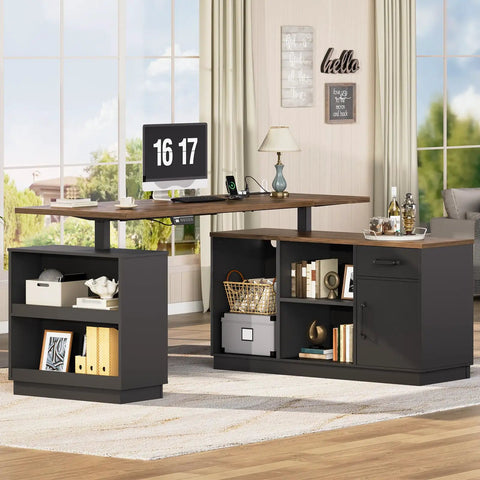 Legit Top Tier Electric L Shaped Standing Desk With One Touch Height Adjustable Sit Stand Workstation And Built In Storage Drawer Dual Motor Office Table For Home Sweet Setup in a sunny room with a computer and storage.
