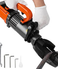 Powerful Handheld Electric Hydraulic Rebar Bender With 1500 Watt Motor, being held, for bending steel rods up to one inch thick.