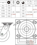 Heavy Duty Swivel Casters With Locking Brake 4 Inch White Caster Set dimensions and specifications chart.