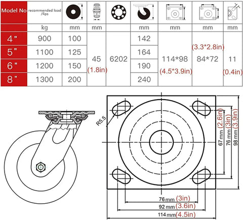 Heavy Duty Swivel Casters With Locking Brake 4 Inch White Caster Set dimensions and specifications chart.