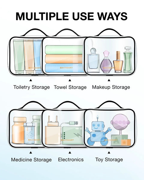 Clear TSA Approved Travel Toiletry Bags Set Of Two With Water Resistant Design And Quart Size Compliance shown with multiple uses
