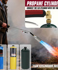 Heavy Duty Propane Weed Torch Kit With Turbo Trigger demonstrating high BTU flame in 1lb cylinder mode for outdoor use