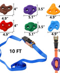 18 Piece Tree Climbing Holds Set With Six Ten Foot Ratchet Straps showing colorful resin holds and blue ratchet strap