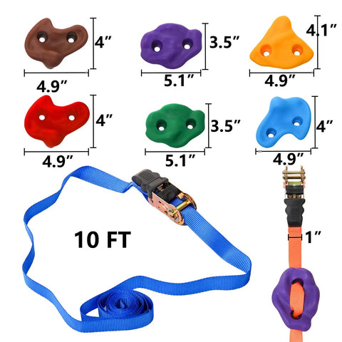 18 Piece Tree Climbing Holds Set With Six Ten Foot Ratchet Straps showing colorful resin holds and blue ratchet strap