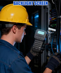 User operating the Real Deal Handheld Label Maker With Plug and Play Bluetooth Sync displaying a backlight screen.