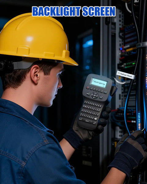 User operating the Real Deal Handheld Label Maker With Plug and Play Bluetooth Sync displaying a backlight screen.