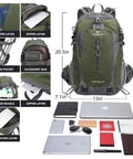 40L Go-To Waterproof Hiking Backpack For Men And Women, Ultra Lightweight Camping Travel Daypack, Durable Gear, Green