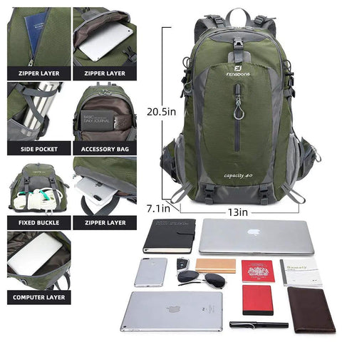 40L Go-To Waterproof Hiking Backpack For Men And Women, Ultra Lightweight Camping Travel Daypack, Durable Gear, Green
