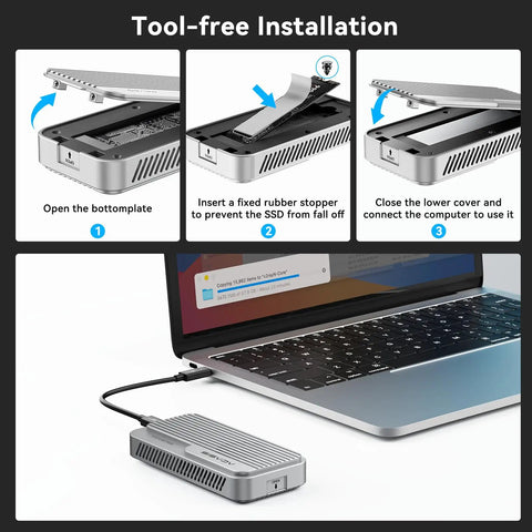 Tool-free installation process for No Sweat Setup M.2 NVMe SSD Enclosure with Thunderbolt 5 support connected to a laptop.