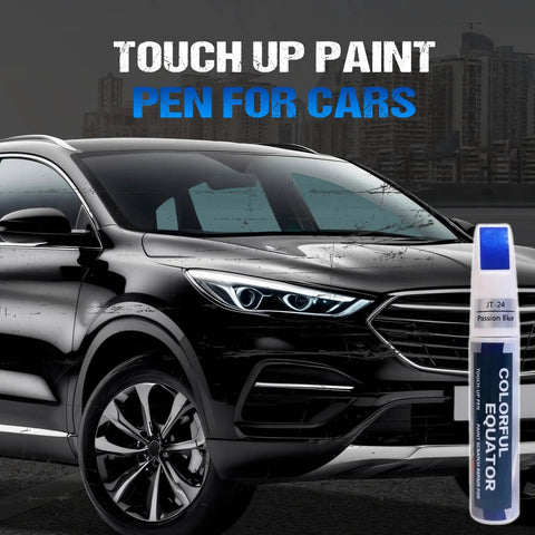 Touch up paint pen for cars beside black vehicle, showcasing Scratch Repair Pen For Cars 2 Pack, Easy DIY Car Paint Repair Kit, Quick Fix.
