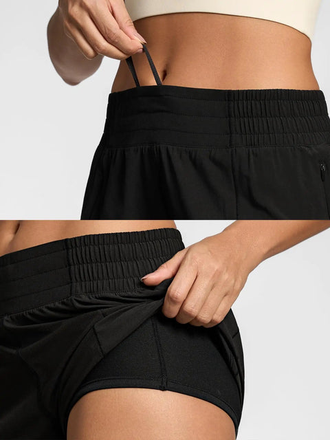 Close-up of Womens 2.5 Inch Quick Dry Gym Shorts with High Waist, showing elastic waistband and built-in liner in black XS