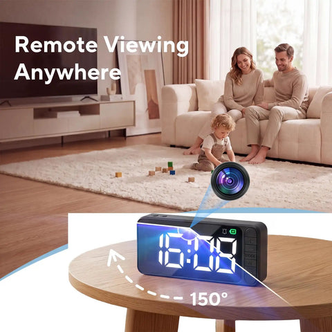 Super Sleek Hidden Camera Clock With 4K Wireless WiFi Surveillance Easy Magnet Mount Setup No Sweat Required And Rock Solid All Day Battery For Big Time Indoor Home Security Monitoring displayed on a table with family in background.
