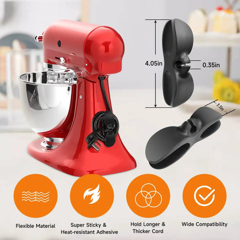 Red mixer with a Six Piece Appliance Cord Organizer Kit For Kitchen Cords Stick On Cord Wraps neatly holding black cords.