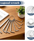8 Piece Metric Allen Wrench Set With Key Ring For Easy On The Go Fixes, Chrome Vanadium Hex Keys 1.5mm To 6mm on wooden table
