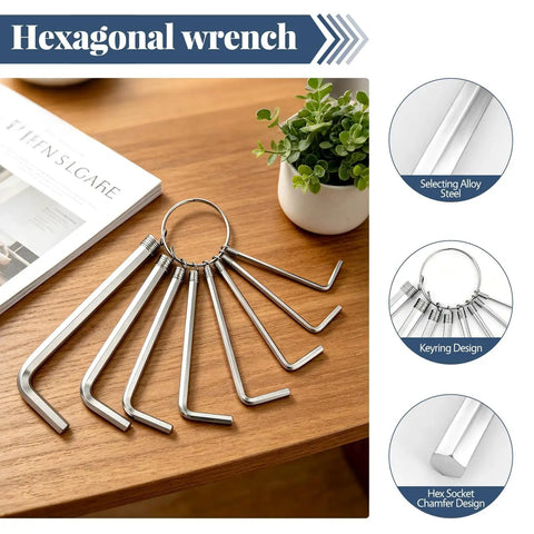 8 Piece Metric Allen Wrench Set With Key Ring For Easy On The Go Fixes, Chrome Vanadium Hex Keys 1.5mm To 6mm on wooden table