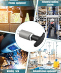 Hard Core Heavy Duty Quick Release Spring Loaded Pull Pin With Super Grip T Handle Knob for gym and industrial use in a collage image.