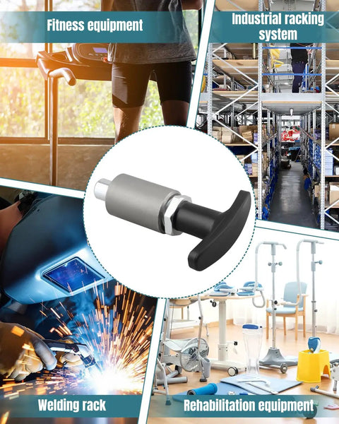 Hard Core Heavy Duty Quick Release Spring Loaded Pull Pin With Super Grip T Handle Knob for gym and industrial use in a collage image.