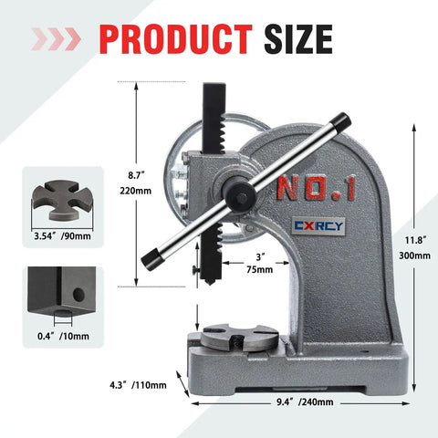 One Ton Arbor Press With Hand Wheel Cast Iron Heavy Duty Manual Arbor Press Desktop Punch Press Machine Built Tough For Stamping Bending Forming Stretching Up To Five Point Five Inch Height And A Solid Metalworking Tool front view showing dimensions.