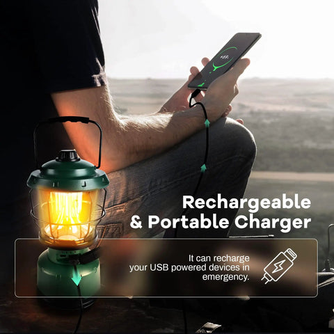 Ultra Bright 2500 Lumen Rechargeable Camping Lantern for power outages and emergencies charging a phone outdoors