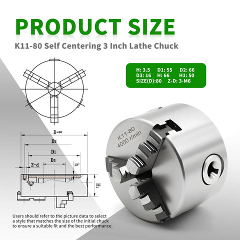 Diagram and image of K11 80 Self Centering 3 Inch Lathe Chuck with 3 jaw and set jaw, 4000 RPM for precision turning.