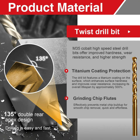135° M35 cobalt steel twist drill bit with titanium coating details, part of M6 X 1 Spiral Point Tap And 5mm Twist Drill Bit Set Pro Grade.