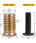 Threaded Inserts And Bolts Kit For Wood Furniture Projects 9 Sets DIY Friendly 3/8-16 x 25mm Threaded Inserts 3/8-16 x 1-1/4 Inch Screws