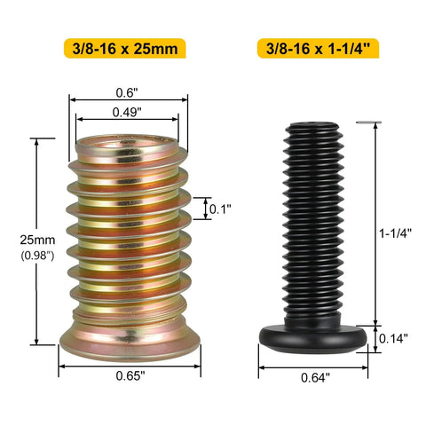 Threaded Inserts And Bolts Kit For Wood Furniture Projects 9 Sets DIY Friendly 3/8-16 x 25mm Threaded Inserts 3/8-16 x 1-1/4 Inch Screws