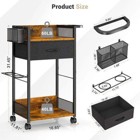 Mobile Salon Trolley Cart On Wheels For Hair Stylists with Metal Tool Holder, Basket, and Fabric Drawer, Black, Product Dimensions Shown