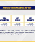 Professional customer service and after-sales with 100% satisfaction, service, and guarantee icons in blue and yellow.