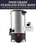 40 Cup Electric Coffee Urn With Removable Filter For Easy Cleanup Two Way Dispenser With Cool Touch Handles Stainless Steel Construction