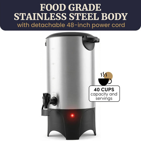 40 Cup Electric Coffee Urn With Removable Filter For Easy Cleanup Two Way Dispenser With Cool Touch Handles Stainless Steel Construction
