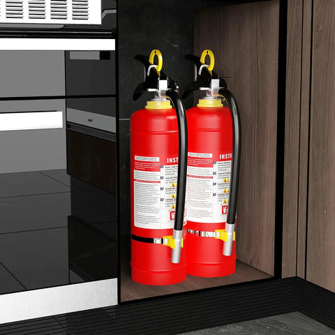 ABC Dry Chemical Fire Extinguisher 5 Lb For Home Office And Car 2-A:10-B:C Rated Quick Release Easy Grip Handle installed in kitchen