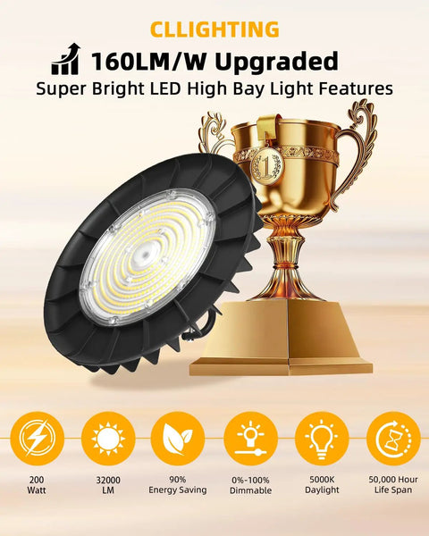 UFO LED High Bay Light 200W 6 Pack Dimmable 0 To 10V ETL Listed 32,000 Lumens 160 Lumens Per Watt Efficiency
