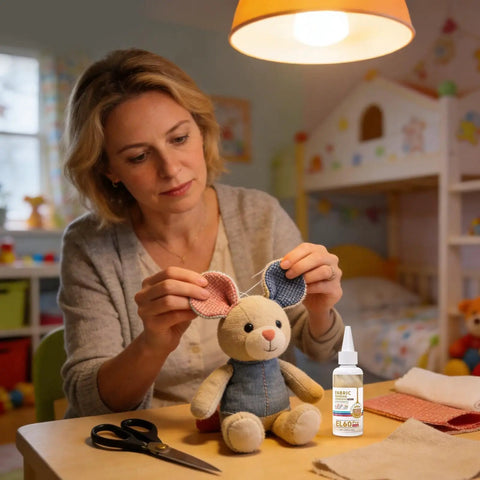 Woman repairing toy with Waterproof Fabric Glue Clear Clothing Adhesive Quick Dry Bonding Solution, bottle on table.