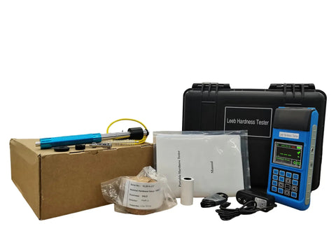 Portable Digital Leeb Rebound Hardness Tester With G Probe features case, manual, and accessories for heavy duty steel projects.
