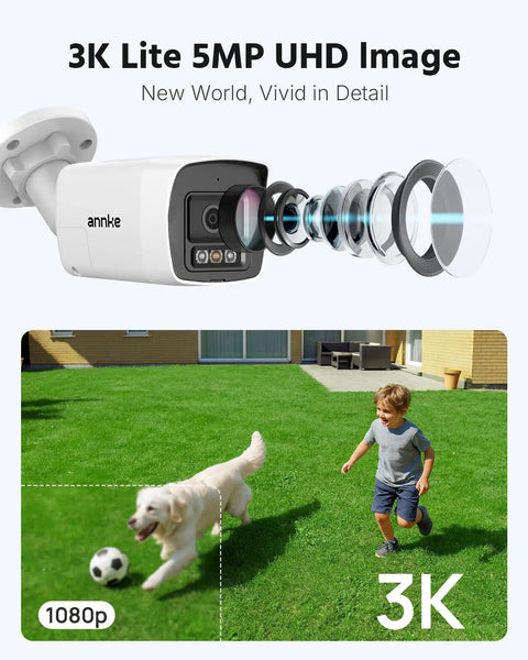 3K Two Way Audio Security Camera System showcasing 5MP image capture with a child and dog playing outside, UHD image quality