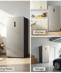 No Brainer 14 Cu Ft Upright Freezer Convertible Fridge shown in kitchen, living room, and garage settings with sleek design.