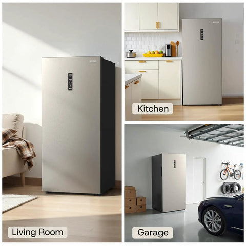 No Brainer 14 Cu Ft Upright Freezer Convertible Fridge shown in kitchen, living room, and garage settings with sleek design.