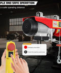 Heavy-Duty Electric Hoist Lift 1320 Lb Capacity With Remote Control 110V Winch featuring red and yellow housing in workshop