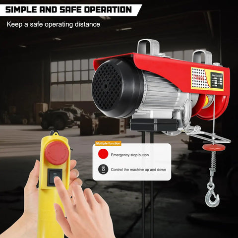 Heavy-Duty Electric Hoist Lift 1320 Lb Capacity With Remote Control 110V Winch featuring red and yellow housing in workshop
