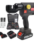 Cordless Hydraulic Cable Crimper For 12AWG To 2/0AWG Wire With 20 Interchangeable Dies and dual lithium batteries in a compact tool kit.