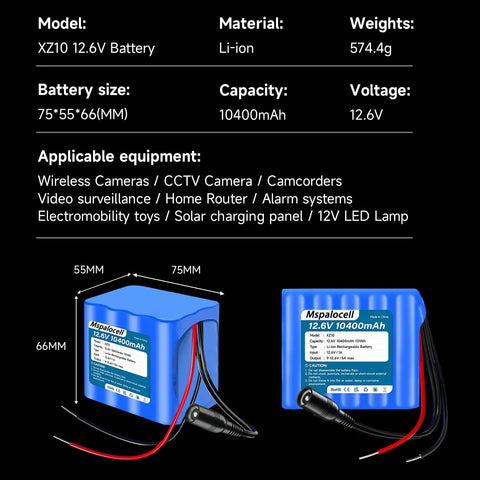 High Capacity 12V Li Ion Battery Pack With Charger And Bare Leads For RC Cars Boats And Robots, front and side view