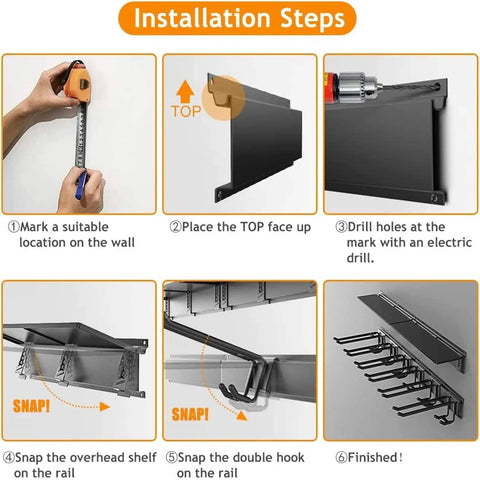 Installation steps for Beefy Heavy Duty Garage Storage System With Wall Mount Overhead Shelving 48 Inch By 7 Inch Steel Shelves And 6 Pack 12 Inch Double Hooks Supports Up To 1200 Lbs Total