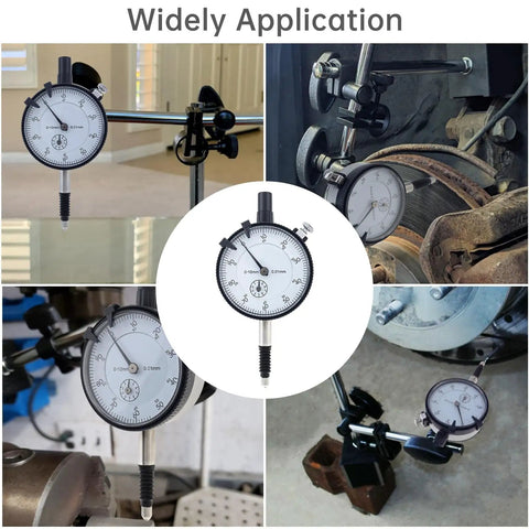 Pro Grade Metric Dial Indicator 0 To 10 MM With 0.01 MM Increments, Waterproof Cover, Lug Back, Stainless Stem, White Dial