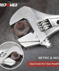 4 Piece Adjustable Wrench Set With Reversible Jaw And Box End Hex Function grips rusty bolt on metal surface.