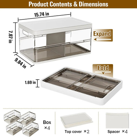 19 Quart Upgrade 4 Pack Stackable Storage Bins With 2 Lids showing dimensions and foldable feature for closet organization