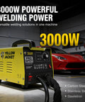 Auto Body Spot Welder Dent Puller 3000W with seven welding modes in garage next to car, yellow heavy-duty welder.